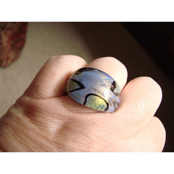 Pier One Blown Glass Cosmic Ring Domed Blue Gold Black Chromatic Lampwork Size 7 - Picture 11 of 12